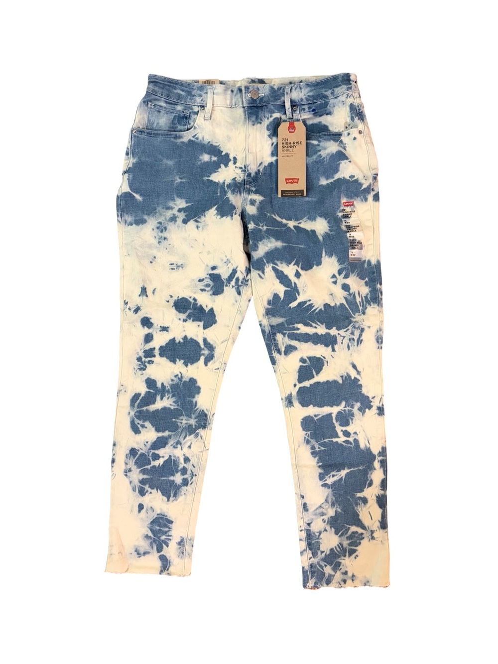 NWT Levi’s 721 High Rise Skinny Ankle Jeans Blue White Tie Dye Women’s 14 W32